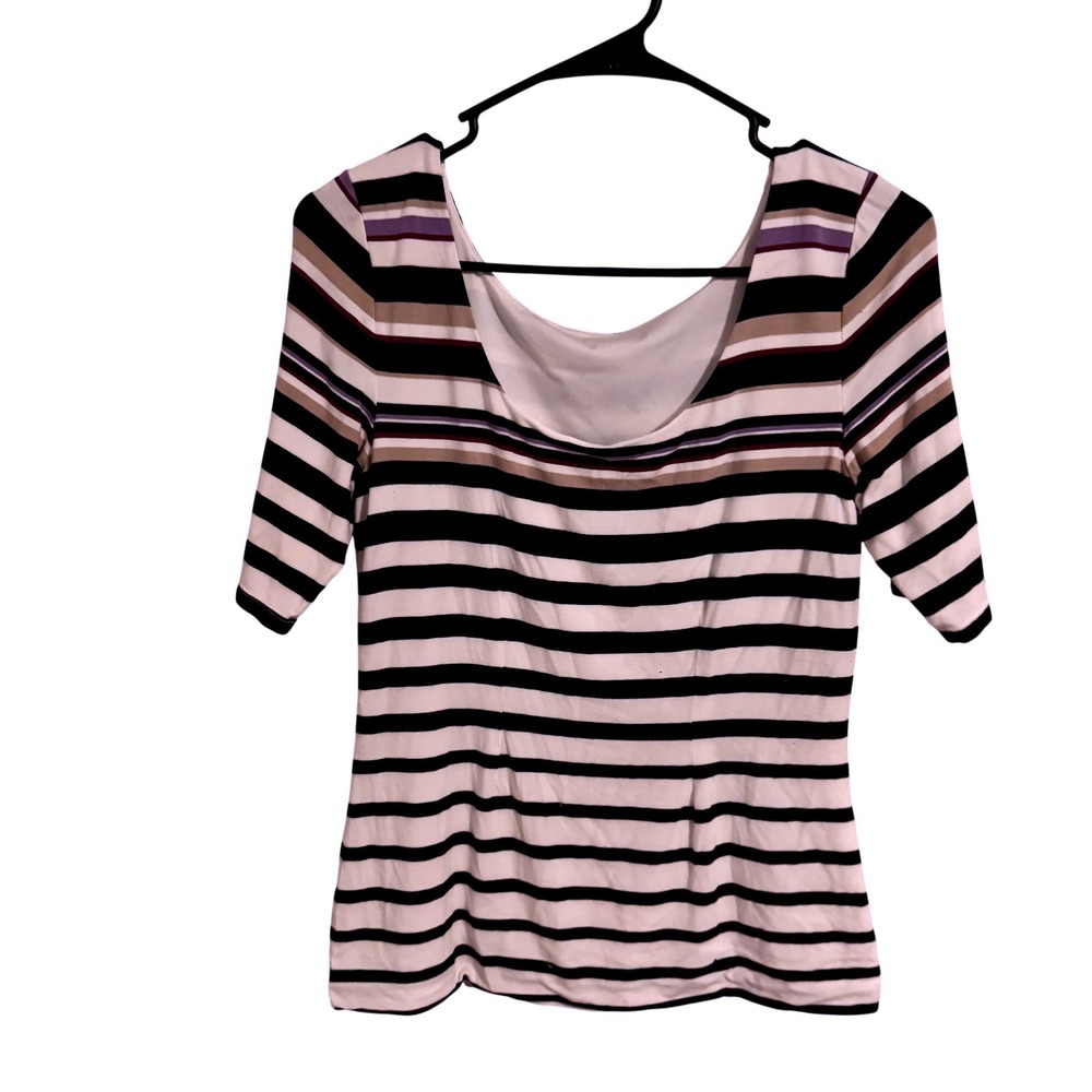 Womens Striped Scoop Neck Elbow Sleeve Lined Jersey Top Black White Purple Tan